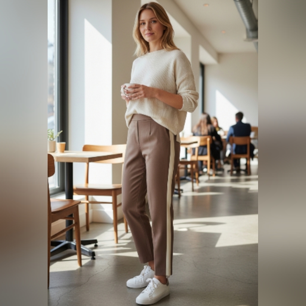 🎉 3/$60 Aritzia Babaton Taupe And White Striped Elastic Waist Dress Pant Size 6